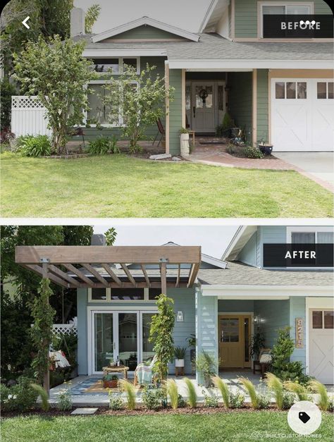 Pergola Front Porch Split Level, Patio In Front Of House, Front Courtyard Ideas Entryway, Exterior Facelift, Porch Pillars, Jasmine Roth, Front Yard Patio, Puppy Palace, Arizona Living