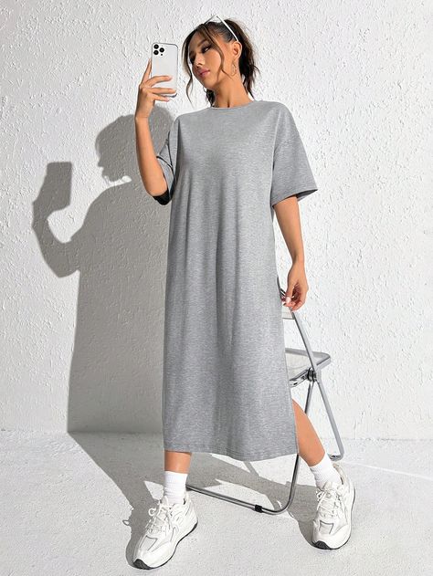 Light Grey Casual Collar Half Sleeve Knitted Fabric Plain Tee Embellished Slight Stretch  Women Clothing Basic Clothes, Plain Tees, Basic Outfits, Tee Dress, Split Hem, Women Dresses, Half Sleeve, Dress P, Half Sleeves