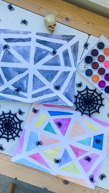 Kids Craft and Learning Page on Instagram: "Tape Resist Webs 🕷🕸 follow @abcdeelearning for more kids crafts 🖤Use colored masking tape to make spider webs! 🕸Place the tape down on card stock paper in a web shape 🕷Use watercolors to paint the white parts of the paper 🕸Slowly peel up the tape to reveal the web!" Letter S Crafts, Masking Tape Art, Spider Web Craft, Tape Projects, Bear Halloween, Tape Painting, Halloween Preschool, Spider Art, Tape Art