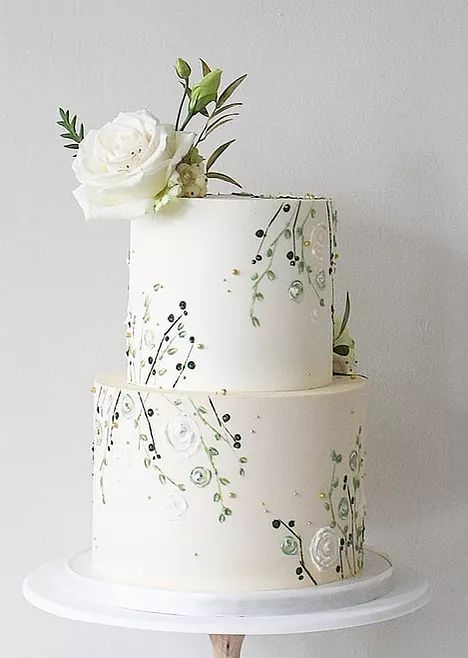 Cream Colored Wedding Dress, Greenery Painting, Soul Cake, Floral Cake Topper, Colored Wedding Dress, White Winter Wedding, Rose Cake, Painted Cakes, Cake Gallery