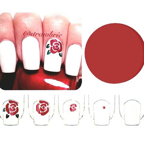 Rose nail design White Nails With Roses, Simple Rose Nail Art, Rose Design Nail Art, Rose Nails Design, Red Rose Nails, Rose Nail Designs, Red Rose Nail Art, Rose Nail Art Designs, Rose Nail Polish