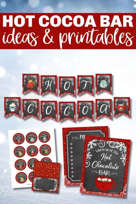 These hot cocoa bar ideas and adorable printables will make your holiday party extra special. Get a free set of hot chocolate bar printables to use. #hotcocoa #hotchocolate #hotcocoabar #printables Hot Cocoa Bar Printables Free Signs, Hot Cocoa Bar Christmas Free Printables, Free Printable Hot Cocoa Bar Sign, Diy Hot Chocolate Stand, Hot Chocolate Bar Decorations, Hot Cocoa Bar Ideas Christmas Diy, Christmas Hot Chocolate Ideas, Hot Cocoa Template Free Printable, Hot Cocoa Bar Labels Free Printable