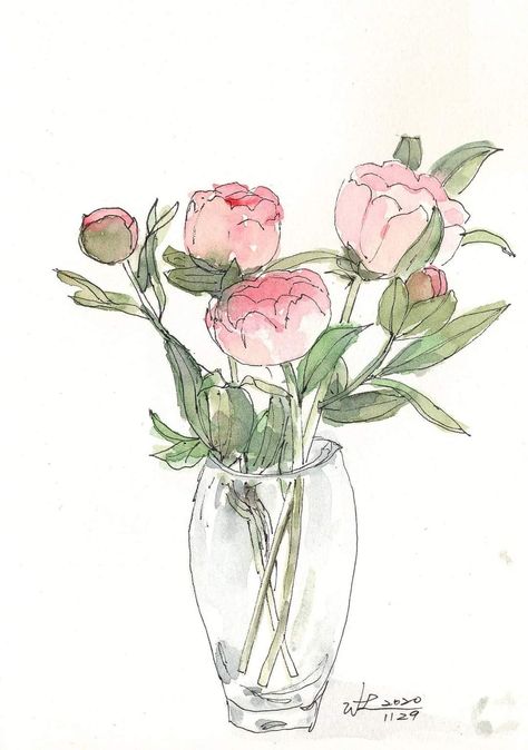 Flowers In Vase Sketch, Floral Art Simple, Flower Vase Painting Watercolor, How To Draw A Vase, Vase Of Flowers Drawing, Pen And Wash Watercolour, Watercolor Outline, Flower Vase Drawing, Art Topics