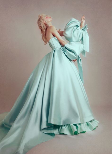 Mint dress, mint gown, long trail, puffy sleeves with bows Gown With Puff Sleeves, Mint Gown, Princess Dance, Long Trail, Princess Gown, Macaroons, Princess Dress, Ball Gown, Doll Dress