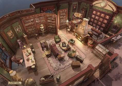 ArtStation - A Night in the Lonesome October - Detective’s Study with Secret Room, Or Taieb Fantasy Home Interior Concept Art, Feng Zhu Design, Interior Concept Art, Feng Zhu, Secret Room, Fantasy Rooms, Building Concept, Fantasy House, Secret Rooms