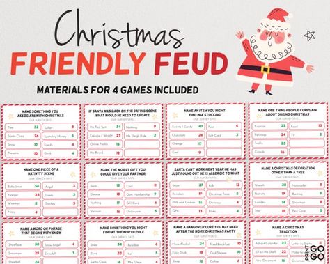 ** Save and buy the Christmas game bundle : https://www.etsy.com/uk/listing/890125036/christmas-game-bundle-family-christmas ** We asked a 100 people and the survey said .... Add a little friendly competition to the holidays, compete in teams and play Christmas Friendly Feud. The materials for 4 Holiday Family Feud, Family Feud Questions And Answers, Christmas Friendly Feud, Family Feud Questions, Christmas Song Games, Christmas Family Feud, Christmas Gift Games, Family Feud Game, Xmas Games