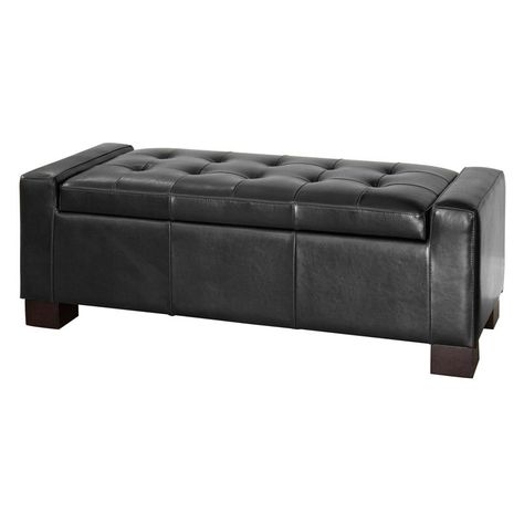 Black Tufted Leather Storage Ottoman | from hayneedle.com Leather Storage Bench, Square Storage Ottoman, Leather Storage Ottoman, Leather Storage, Tufted Leather, Waffle Stitch, Miscellaneous Items, Bedroom Space, Storage Ottoman Bench