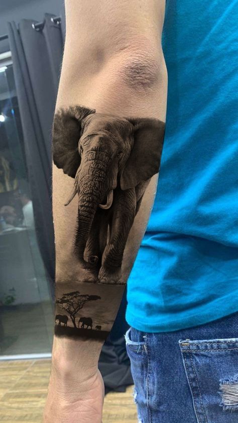 Indian Elephant Tattoo, Realistic Elephant Tattoo, African Sleeve Tattoo, Elephant Family Tattoo, Rhino Tattoo, Thigh Tattoo Men, Africa Tattoos, Best Leg Tattoos, Outer Forearm Tattoo