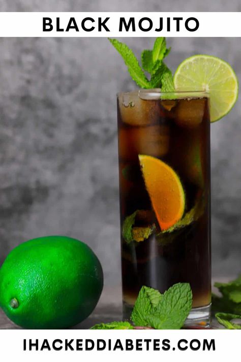 Easy Black Mojito (Sugar Free) Black Mojito, Jack Daniels Recipes, Sugar Free Cocktails, Low Carb Cocktails, Mojito Cocktail, Slice Of Lime, Mojito Recipe, Coke Zero, Dark Rum