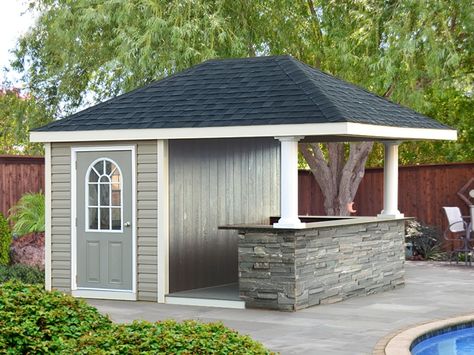 Siesta Pool House with Stone Bar Pool House Bar, Small Pool House, Backyard Pool House, Small Pool Houses, Prefab Pool House, Pool House Shed, Pavilion Plans, Pool Shed, Backyard Storage Sheds