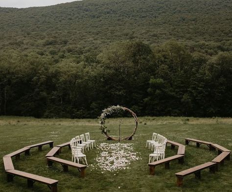 Wedding Bench Seating, Circular Wedding Arch, Wedding Bench, Wedding Ceremony Seating, Circle Arch, Forest Theme Wedding, Wedding Backyard Reception, Backyard Reception, Field Wedding