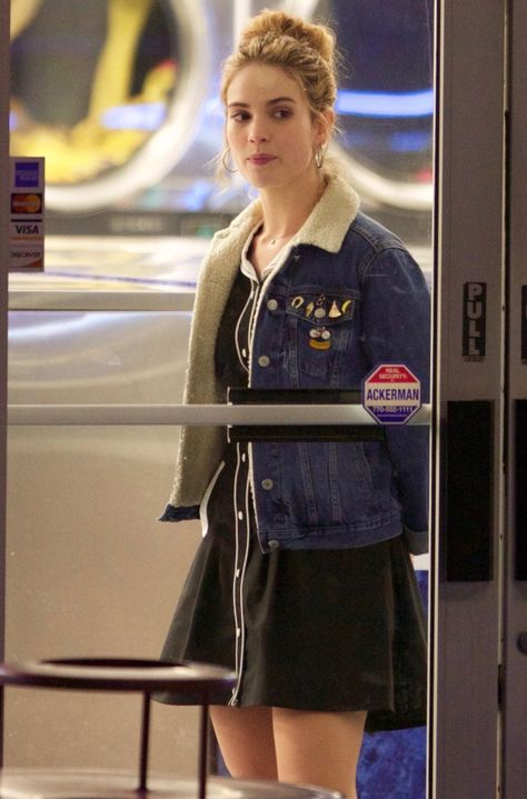 Lily James Baby Driver, Baby Driver, Lily James, Soft Classic, Photo To Video, Soft Girl, Bell Bottoms, Casual Looks, Varsity Jacket