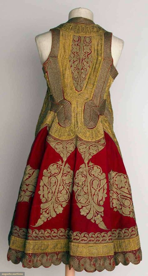 Albania, woman's sleeveless coat, red wool w/ elaborate gold metallic embroidery & gilt trim, printed cotton lining, 19th c Ethno Style, Metallic Embroidery, Sleeveless Coat, Harbin, Clothing And Textile, Ethnic Dress, Folk Costume, Moda Vintage, Red Wool