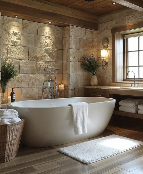 Stacked Stone Bathroom, Tuscan Style Bathroom, Modern Cottage Bathroom, European Bathroom Design, Warm Cozy Home, Spa Days, Shell Lamp, Casa Country, Cottage Bathroom