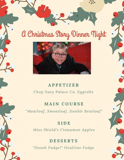 A Christmas Story Dinner Night - Inspiring Magical Memories Christmas Story Food Ideas, Christmas Story Themed Dinner, A Christmas Story Party Ideas, Christmas Movie Night Menu Ideas, Christmas Movie And Dinner Ideas, A Christmas Story Dinner, Christmas Story Party Ideas, Movie Meals, Disney Movie Night Menu