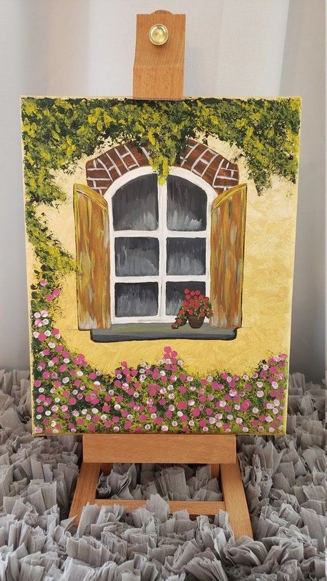 Windows With Flowers, Windows Painting, Painting With Flowers, Nature Canvas Painting, Window Drawing, Book Lamp, Sale Windows, Flower Painting Canvas, Cute Canvas Paintings