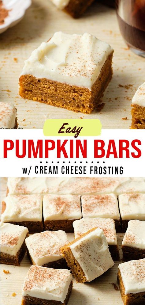 These moist and dense pumpkin bars are loaded with pumpkin spice flavor and topped with a luscious cream cheese frosting. Homemade Pumpkin Bars, Chewy Pumpkin Bars, Easy Pumpkin Bars 3 Ingredients, Desserts With Cream Cheese Frosting, Pumpkin Bars Cream Cheese Frosting, Pumpkin Cookie Bars, Pumpkin Bars Recipe, Easy Pumpkin Bars, Pumpkin Fudge