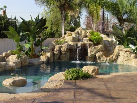 Backyard Ideas With Hot Tub, Grotto Waterfall, Pool Grotto, Grotto Pool, Ideas De Piscina, Deck Piscina, Kolam Air, Rock Waterfall, Tropical Pool