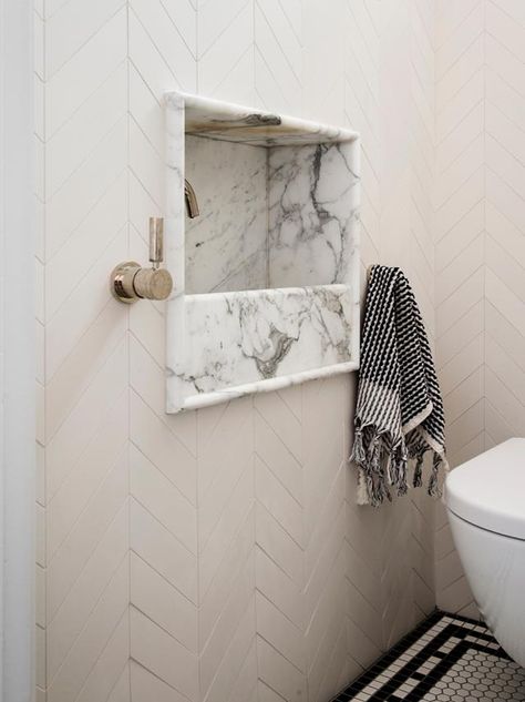 Nickel Tapware, French Country Rug, Art Deco Apartment, Marble Detail, Arabescato Marble, Marble Sink, Chevron Wall, Home Decoration Ideas, Powder Rooms