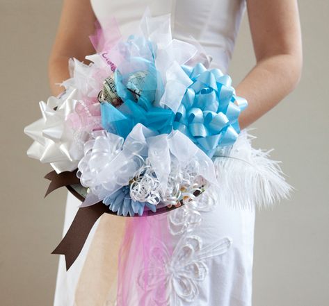 It has long been a wedding tradition to create a ‘rehearsal bouquet’ for the bride, at her bridal shower – out of all the ribbons and bows from her gifts. When rehearsing for your... Wedding Rehearsal Bouquet, Rehearsal Bouquet, Bridal Shower Bouquet, Bow Bouquet, Ribbon Bouquet, Making A Bouquet, Bridal Shower Diy, Bouquet Bridal, Diy Bridal