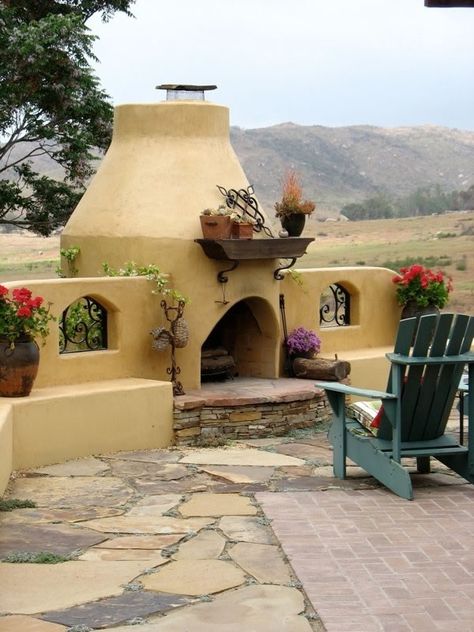 Adobe Outdoor Fireplace  Southwestern Landscaping  Designs by Shellene  San Diego, CA Adobe Fireplace, Build Outdoor Fireplace, Kiva Fireplace, Outside Fireplace, Outdoor Fireplace Designs, Fireplace Designs, Backyard Fireplace, Outdoor Fireplaces, Desert Living