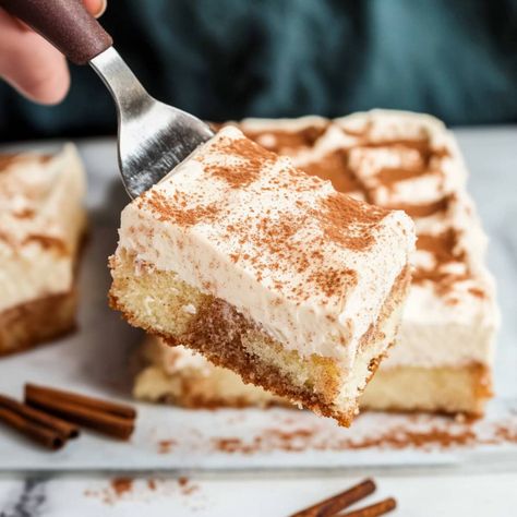 Cinnamon Roll Poke Cake - Insanely Good Cinnamon Roll Poke Cake, Churro Cheesecake Bars, Cinnamon Cheesecake, Cinnamon Filling, Churro Cheesecake, Cake Mix Ingredients, Poke Cakes, Decadent Cakes, Easy Cinnamon