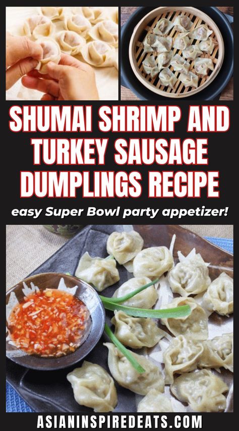 a plate of mini dumplings with a red dipping sauce Sausage Dumplings, Sweet And Spicy Chili, Superbowl Party Appetizers, Easy Dumplings Recipe, Chili Dipping Sauce, Sweet Chili Dipping Sauce, Easy Super Bowl, Asian Appetizers, Seafood Appetizers