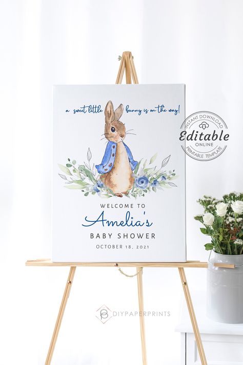 Excited to share the latest addition to my #etsy shop: Peter Rabbit Baby Shower Welcome Sign, Baby Rabbit Decorations, Blue Baby Shower Poster, Welcome Little Bunny Instant Download, PETER RABBIT https://etsy.me/3kxmVRf #blue #babyshower #instantdownload #showerwelcome Peter Rabbit Welcome Sign, Baby Shower Poster Board Ideas, Peter Rabbit Baby Shower Ideas Boys, Rabbit Decorations, Fairytale Baby Shower, Baby Watercolor, Rabbit Birthday, Adoption Party, Velveteen Rabbit