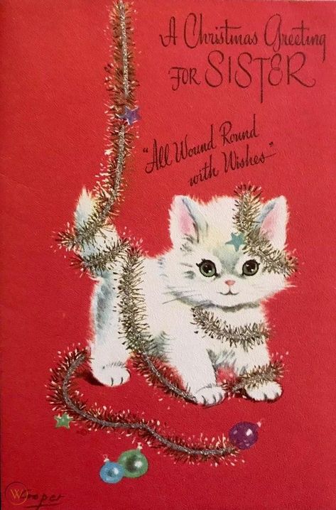 Cat Christmas Cards, Christmas Tinsel, Ornament Garland, Christmas Kitten, Xmas Card, Christmas Greeting Card, Christmas Past, Vintage Christmas Cards, Kitten Cat