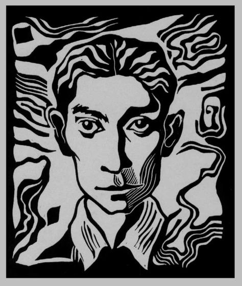 Lino Printing Ideas, Kafka Portrait, Linocut Portrait, Lino Printing, Linocut Printmaking, Lino Art, Franz Kafka, Linocut Art, White Drawing