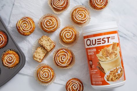 Questified Cinnamon Roll Protein Muffins | Quest Blog Power Muffins, Quest Protein, Crunch Recipe, Cinnamon Crunch, Protein Muffins, Baking Muffins, Cinnamon Swirl, Baking Flour, Protein Snacks