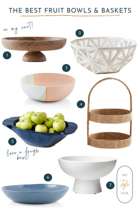 A roundup of the best wooden, stone and ceramic fruit bowls and baskets for your kitchen counters. #homedecor Fruit Bowl For Countertop, Fruit Bowl Decor, How To Decorate Kitchen Counters, Modern Fruit Bowl, Fruit Bowl Display, Wood Fruit, Banana Stand, Wooden Fruit Bowl, Storing Fruit