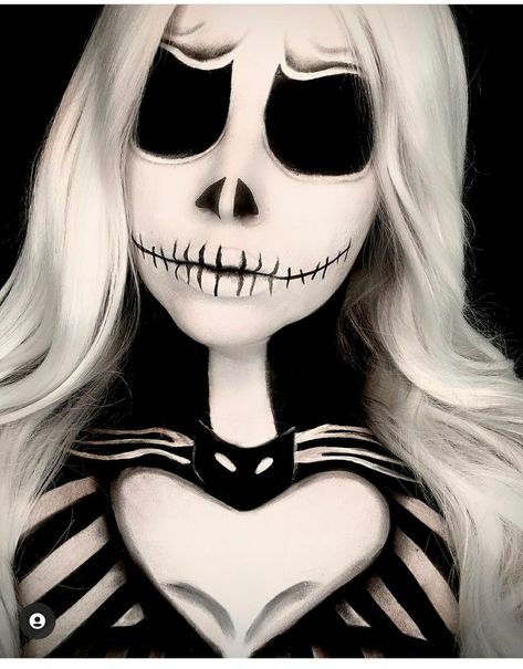 Adult Halloween Face Paint, Halloween Face Paint Adult, Jack Skellington Makeup Female Easy, Jack Skeleton Makeup, Jack Skellington Makeup Female, Skeleton Makeup Halloween, Jack Skellington Makeup, White Face Paint, Holloween Makeup