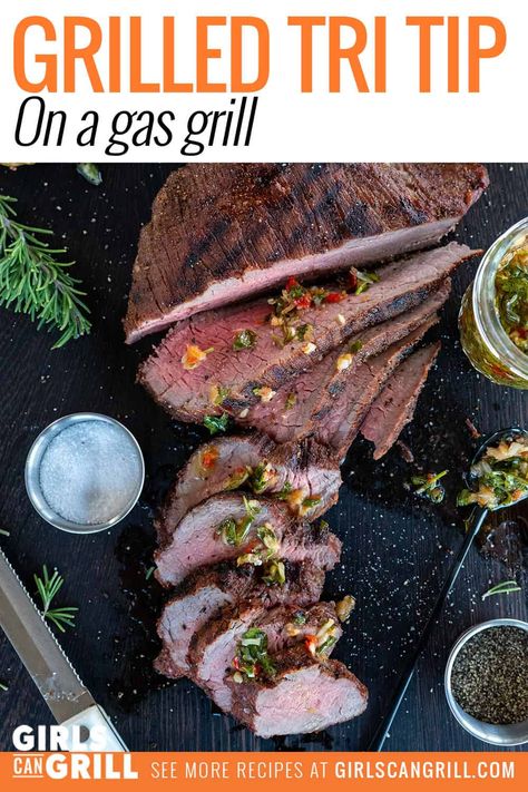 When cooking a grilled tri tip on a gas grill, I get the best results when I use the reverse sear method using direct and indirect heat. Tri Tip Grill, Bbq Tri Tip, Tri Tip Steak Recipes, Cooking Tri Tip, Outdoor Cooking Recipes, Traeger Recipes, Tri Tip, Juicy Steak, Summer Grilling