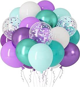 RUBFAC 65Pcs Mermaid Balloon Garland Kit, 12Inch Metallic Purple Green Balloons, Purple Teal Blue Confetti Latex Balloons for Mermaid Birthday Party Decorations Teal Balloons, Mermaid Balloons, Green Balloons, Mermaid Birthday Party Decorations, Ocean Theme Party, Gold Confetti Balloons, Confetti Birthday, Purple Balloons, Metallic Balloons