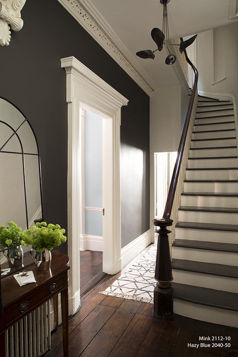 English Elegance Entryway! Colors Used: Mink  -  Hazy Blue Art Deco Paint Colors, Hallway Paint Colors, Interior Paint Finishes, Brown Paint Colors, Hallway Paint, Warm Paint Colors, Black Paint Color, Choosing Paint, Flat Paint