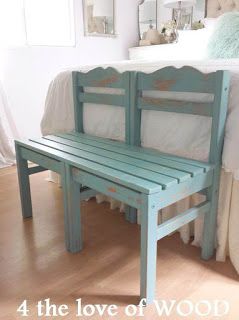 4 the love of wood: A BENCH MADE FROM CHAIRS - turquoise & pine Chairs Vintage, Old Chairs, Painted Chairs, Woodworking Bench, Wooden Bench, Refurbished Furniture, Recycled Furniture, Flipping Furniture, Redo Furniture