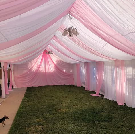 Pink Quince Venue Ideas, Quince Venue Ideas Pink, Small Quinceanera Party Ideas At Home, Quince Decorations Pink Butterfly, Pink Venue For Quince, Quinceanera Ideas Pink, Quince Court Table, Tent Birthday Party Outdoor Pink, Pink Quinceanera Decorations