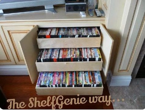 Dvd Storage Solutions, Organize Dvds, Dvd Storage Ideas, Movie Storage, Diy Dvd Storage, Diy Dvd, Dvd Storage Shelves, Cd Dvd Storage, Dvd Shelves