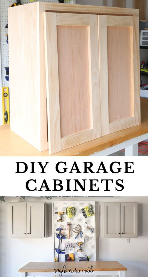 Learn how to easily build DIY garage cabinets for a garage wall that provide extra storage space! These DIY garage wall cabinets are perfect for garage organization. Get the step by step tutorial, plans, and how to video! Wood Garage Storage Cabinets, Garage Storage Using Kitchen Cabinets, Build Cupboard Diy, Building Garage Cabinets, Garage Wall Storage Cabinets, How To Build Wall Cabinets Step By Step, How To Build Garage Cabinets, Build Garage Cabinets, How To Build A Wall Cabinet