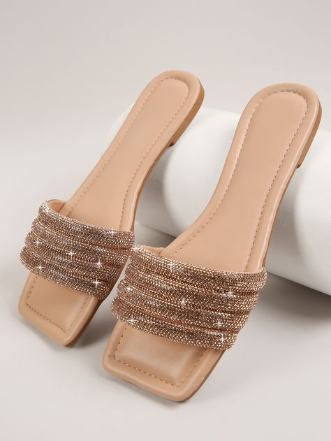 Champagne Fashionable Collar   Plain Slides Embellished   Women Shoes Pretty Sandals Summer, Women Flats 2023, Flat Slippers For Women Fashion, Indian Sandals Flats, Fancy Sandals Flats, Slippers Womens Flats, Indian Sandals, Classy Flats, Elegant Slippers