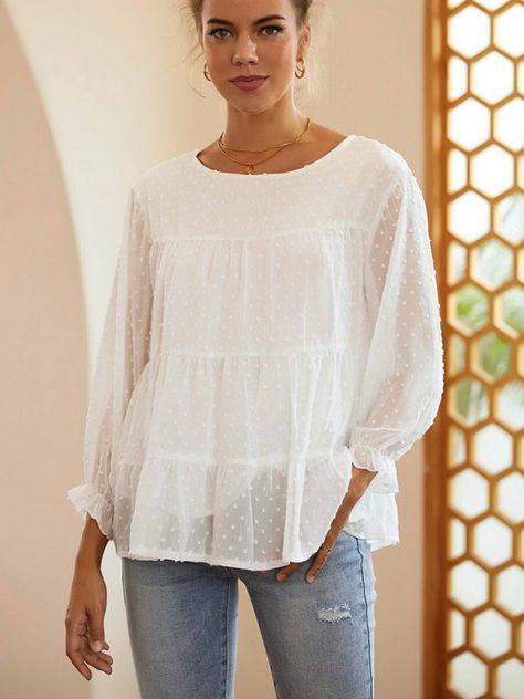 Women's Tops | Cheap Blouses, Shirts & T-Shirts for Sale - Azzlee Cute White Tops, Polka Dot Maxi Dresses, Round Neck Shirt, Casual Long Sleeve Shirts, White Long Sleeve Shirt, V Neck Midi Dress, Loose Fitting Tops, Cotton Midi Dress, Maxi Dress Cotton