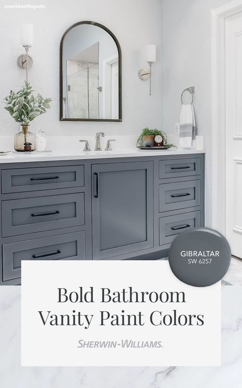 Bathroom Paint Colors Cabinets, Dusty Blue Bathroom Vanity Paint Colors, Not White Bathroom Vanity, Harbor Blue Bathroom Vanity, Bathroom Vanity Colors Blue, White Bathroom Colored Vanity, Fun Bathroom Vanity Colors, Bathroom Paint Colors With White Vanity Marble Countertops, Bathroom Vanity Next To Door