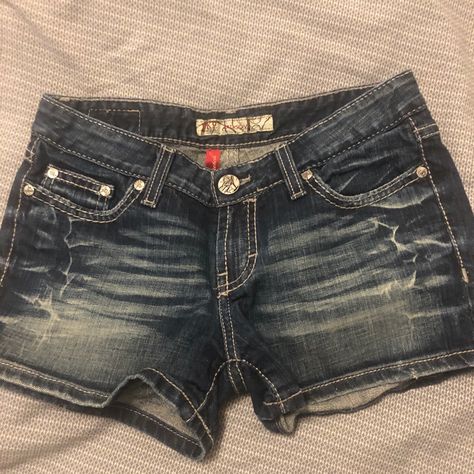 Brand New. Never Worn Bought Without Tags. Broke My Hip N Never Will Fit In Them Now!!! They Have A 2 1/2 Inseam And The Top To Bottom Hemline They Are 9 1/2 Inches. Mcbling Shorts, 2000s Shorts, Bling Shorts, Y2k Bottoms, Pretty Pants, Cute Bottoms, True Religion Shorts, Kinds Of Clothes, Top To Bottom