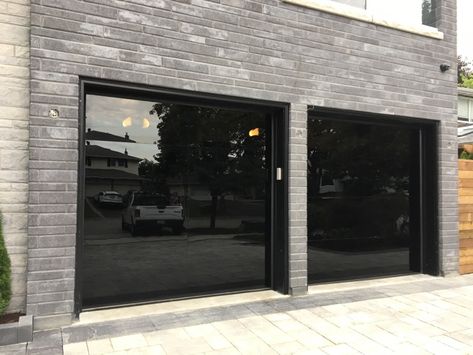 Modern Glass Garage Door | Vaughan Rolling Garage Door, Fiberglass Garage Doors, Garage Door Framing, Exterior Garage Door, Black Garage Doors, Aluminium Garage Doors, Glass Garage, Black Garage, Aluminum Garage