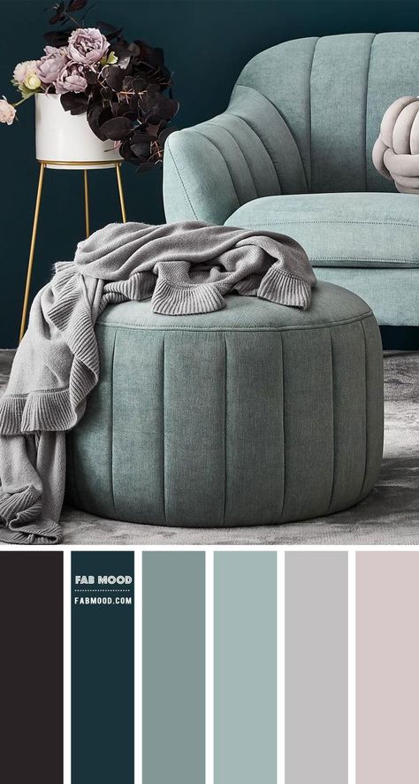 Sage And Emerald Living Room, Conservatory Colours Scheme, Matching Colour With Grey, Home Colour Theme, Grey Combo Colour Schemes, Calming Colours For Living Room, Lounge Color Schemes, Ocean Themed Living Room Ideas, Pastel Living Room Ideas Colour Palettes