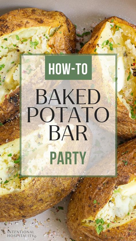 Feeding a crowd an easy and delicious meal will be a snap with this baked potato bar how-to and tips for what to serve with a baked potato bar. Easy Baked Potato Bar, Baked Potato Bar Party Ideas, Baked Potato Party Bar, Diy Baked Potato Bar, Loaded Baked Potato Bar Toppings, Fun Buffet Ideas, Christmas Baked Potato Bar, Baked Potato Bar Ideas For A Crowd, Wedding Potato Bar