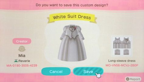 Acnh Suit Designs, White Suit Dress, Dress Creator, Acnh Codes, White Suit, New Animal Crossing, Suit Dress, Hooded Dress, Animal Crossing Qr