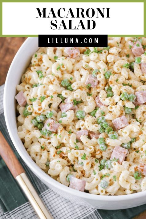 This simple, creamy macaroni salad is loaded with pasta, peas, and ham. It's perfect for parties, family dinners, and potlucks! #macaronisalad #macaroni #salad #pastasalad #sidedish Macaroni Salad With Ham, Savory Potato Salad, Pasta Peas, Homemade Macaroni Salad, Creamy Macaroni Salad, Easy Macaroni Salad, Classic Macaroni Salad, Best Macaroni Salad, Easy Macaroni