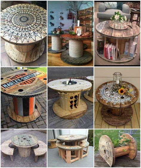 Wood Spool Tables, Wooden Spool Tables, Wooden Spool Projects, Pallet Projects Decor, Spool Furniture, Spool Tables, Pallet Garden Furniture, Spool Crafts, Wood Spool